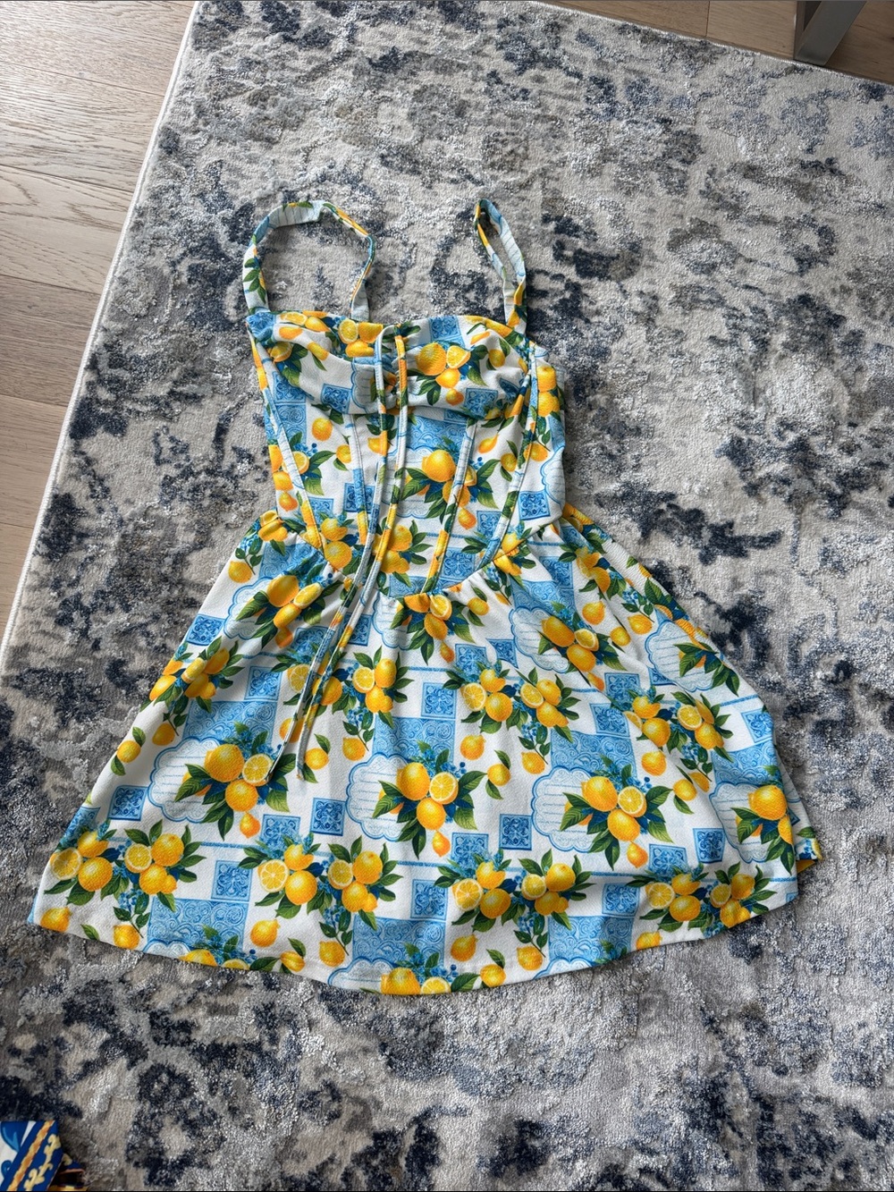Lemon Print Sundress with Blue Tile Pattern